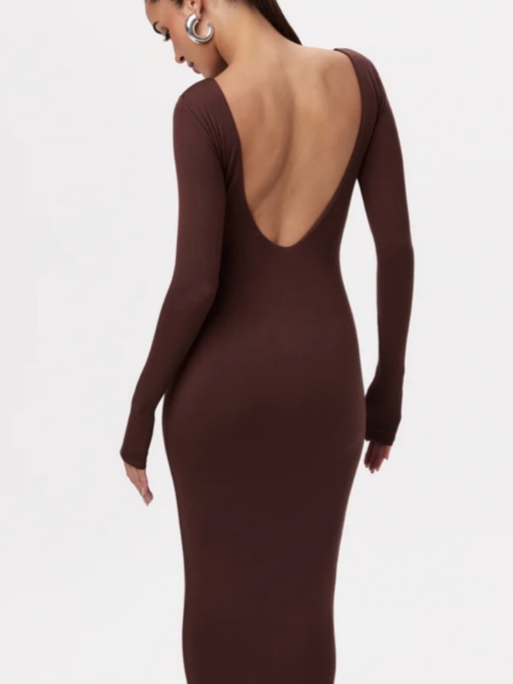 Naked Wardrobe Brown Open Back Long Sleeve Stretch Bodycon Midi Dress Size M